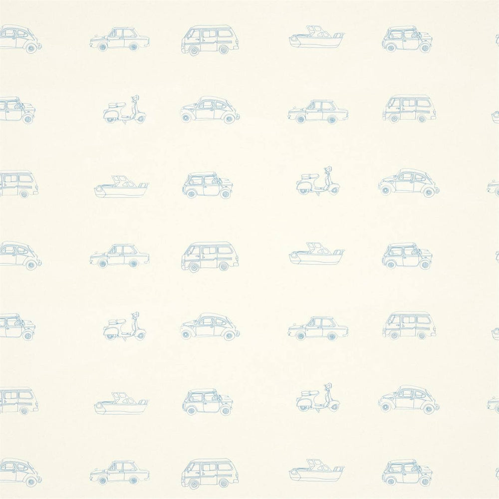 Papel de parede Harlequin Go Go Retro 70504 Aqua And White com carros, scoote...