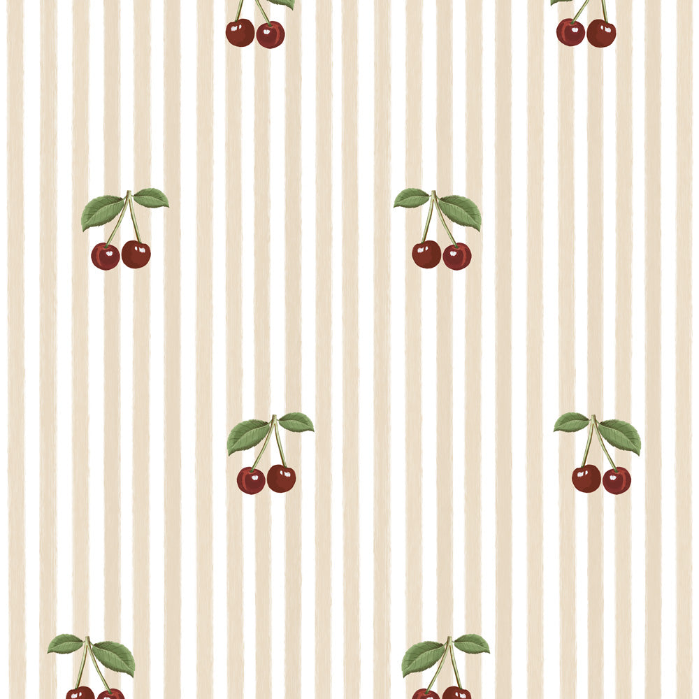 Papel de Parede Little Cherries on Beige Stripes – Dekornik – imagem 1
