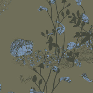Papel de Parede Woodlands — Caqui/Azul Sian Zeng — detalhe do padrão