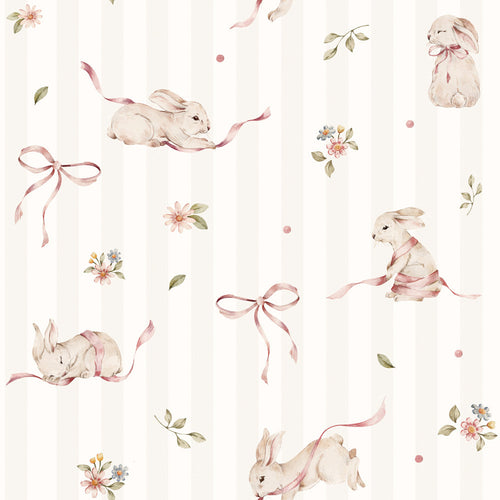 Papel de Parede Pink Rabbits On Stripes – Dekornik – imagem 1