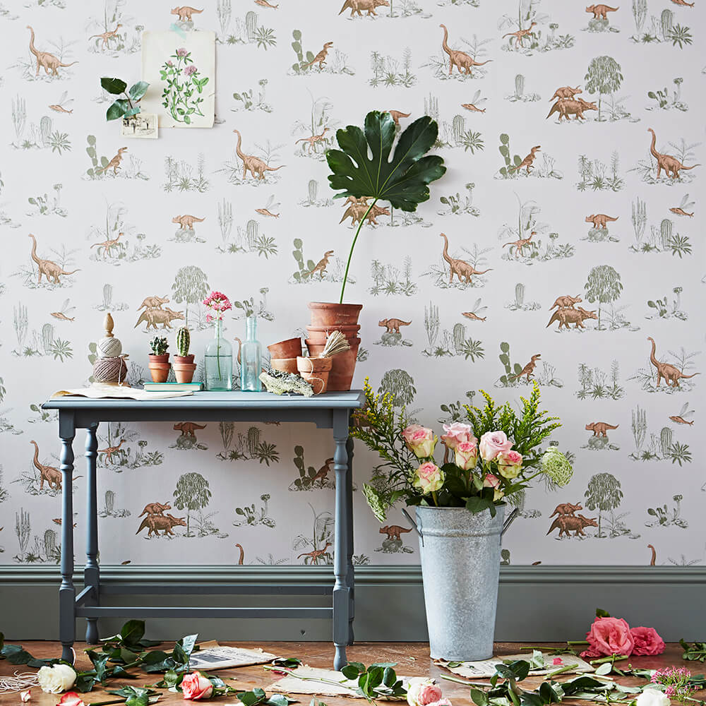 Papel de Parede Dino — Rosa/Verde Sian Zeng — detalhe do padrão