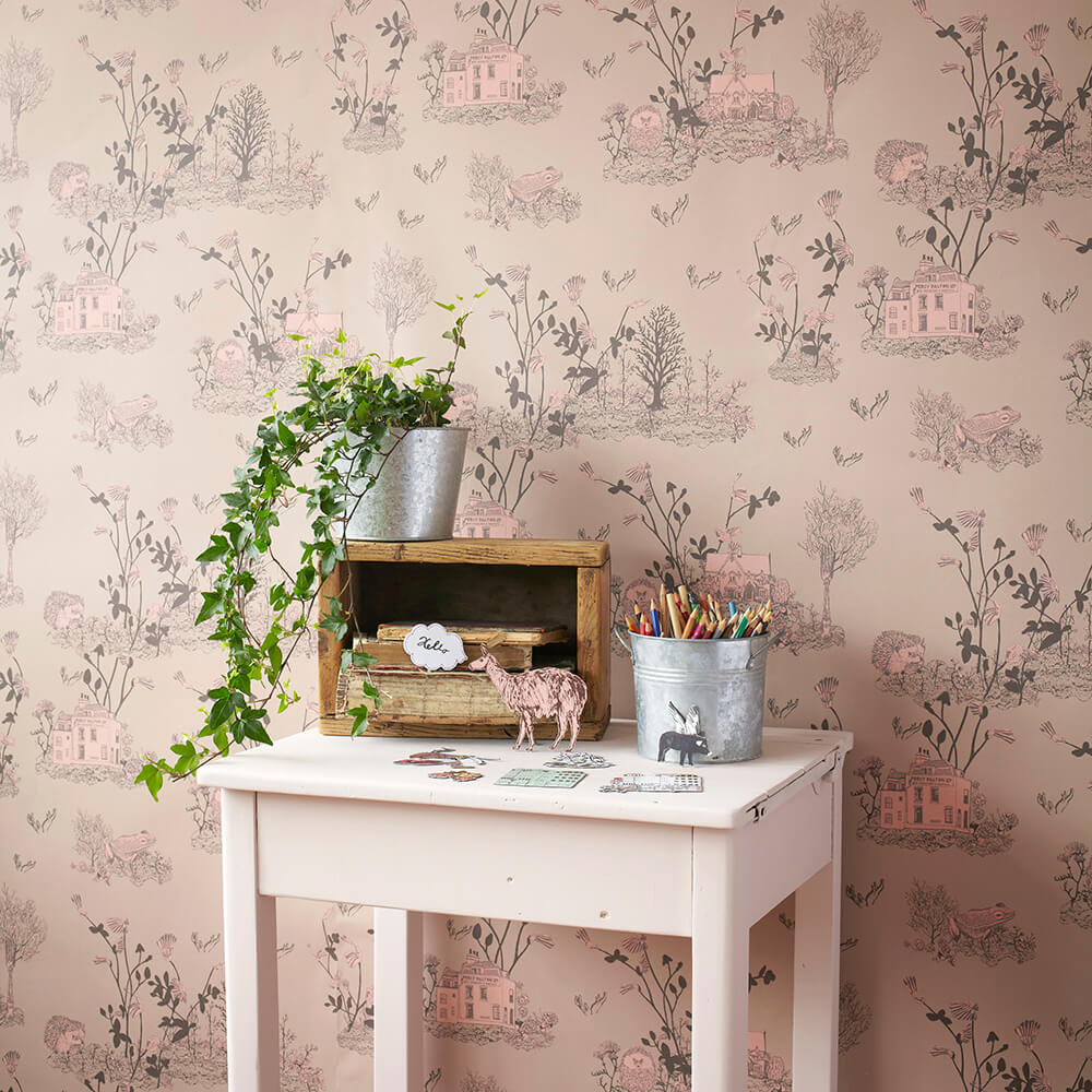 Papel de Parede Woodlands — Castanho/Rosa Sian Zeng — detalhe do padrão