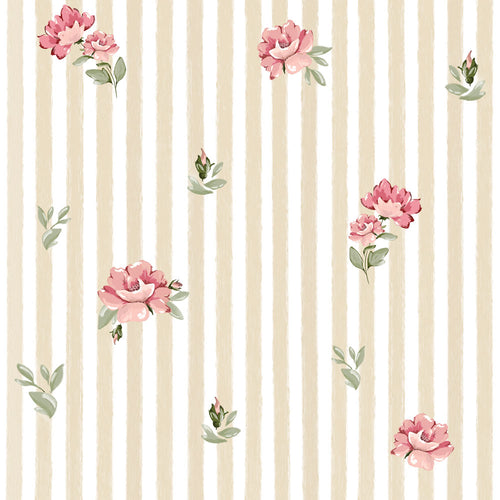 Papel de Parede Pink roses on stripes – Dekornik – imagem 1