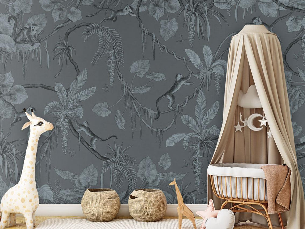 Mural Playful Monkeys Monochrome blue – Kikki Belle – imagem 1