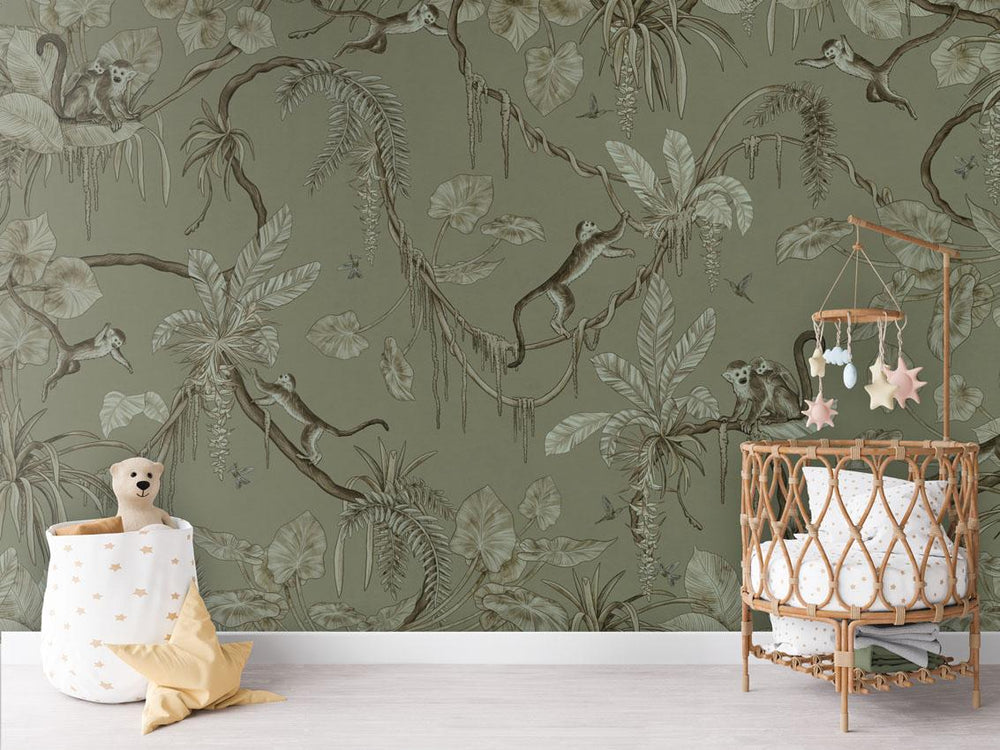 Mural Playful Monkeys Monochrome green – Kikki Belle – imagem 1