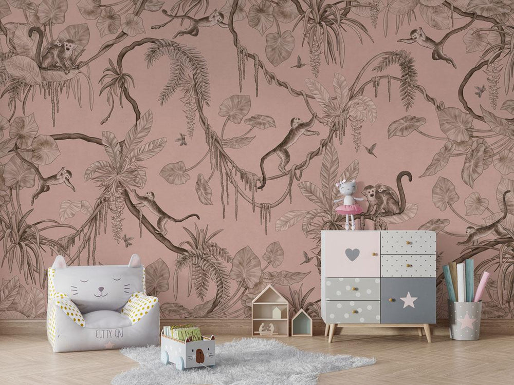 Mural Playful Monkeys Monochrome pink – Kikki Belle – imagem 1