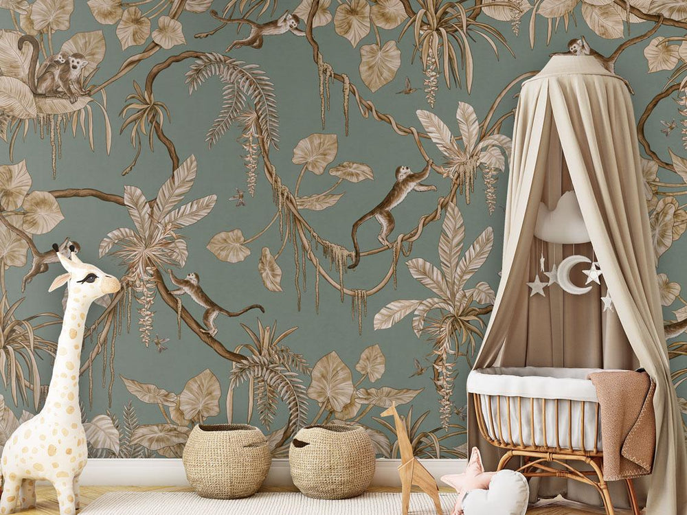 Mural Playful Monkeys Vintage green – Kikki Belle – imagem 1