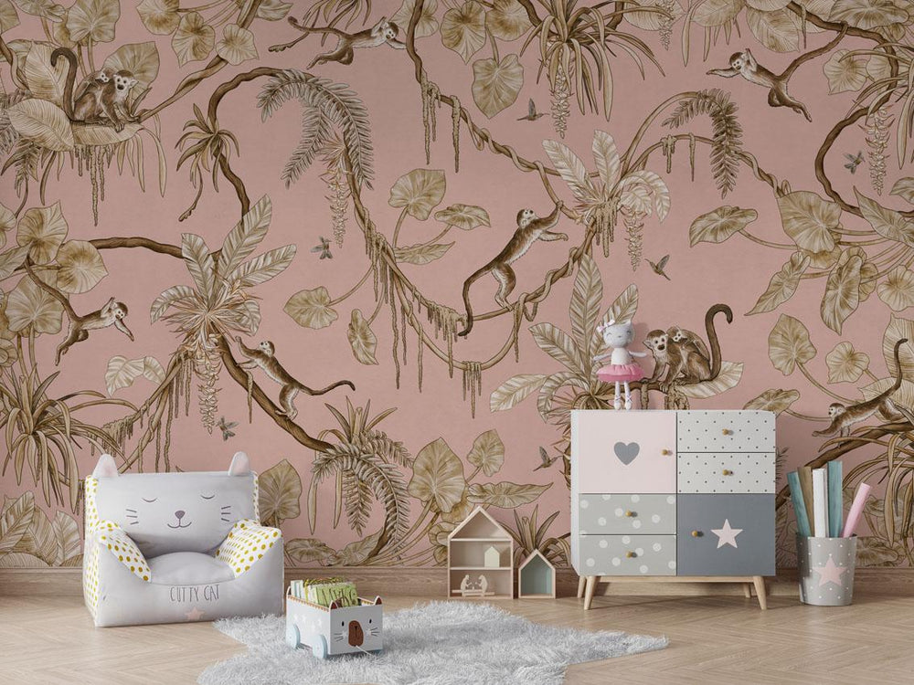 Mural Playful Monkeys Vintage pink – Kikki Belle – imagem 1