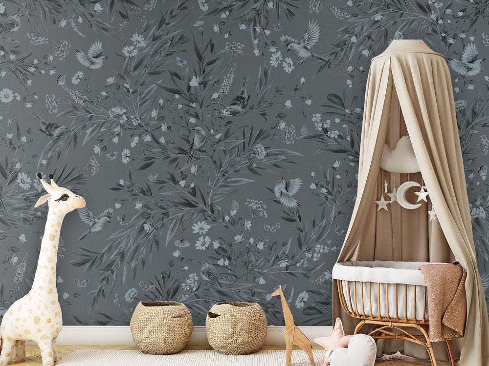 Mural Playful Robins Monochrome blue – Kikki Belle – imagem 1