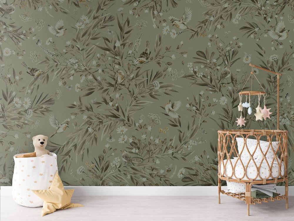 Mural Playful Robins Monochrome green – Kikki Belle – imagem 1