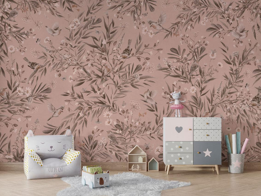 Mural Playful Robins Monochrome pink – Kikki Belle – imagem 1