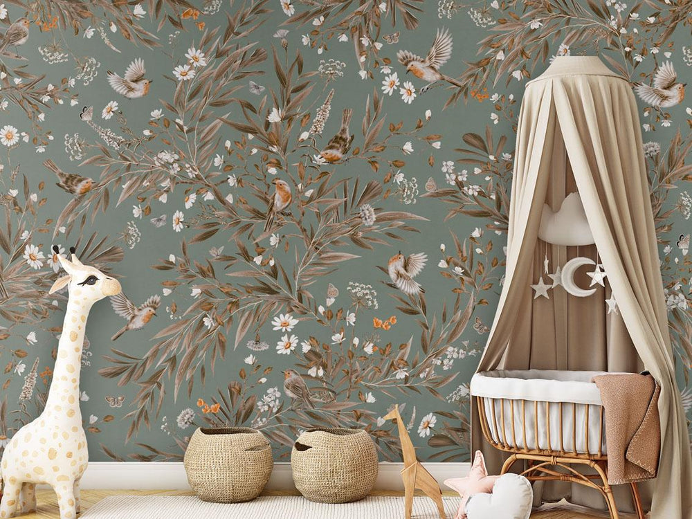 Mural Playful Robins Vintage green – Kikki Belle – imagem 1