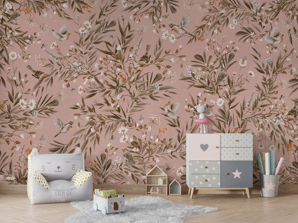 Mural Playful Robins Vintage pink – Kikki Belle – imagem 1