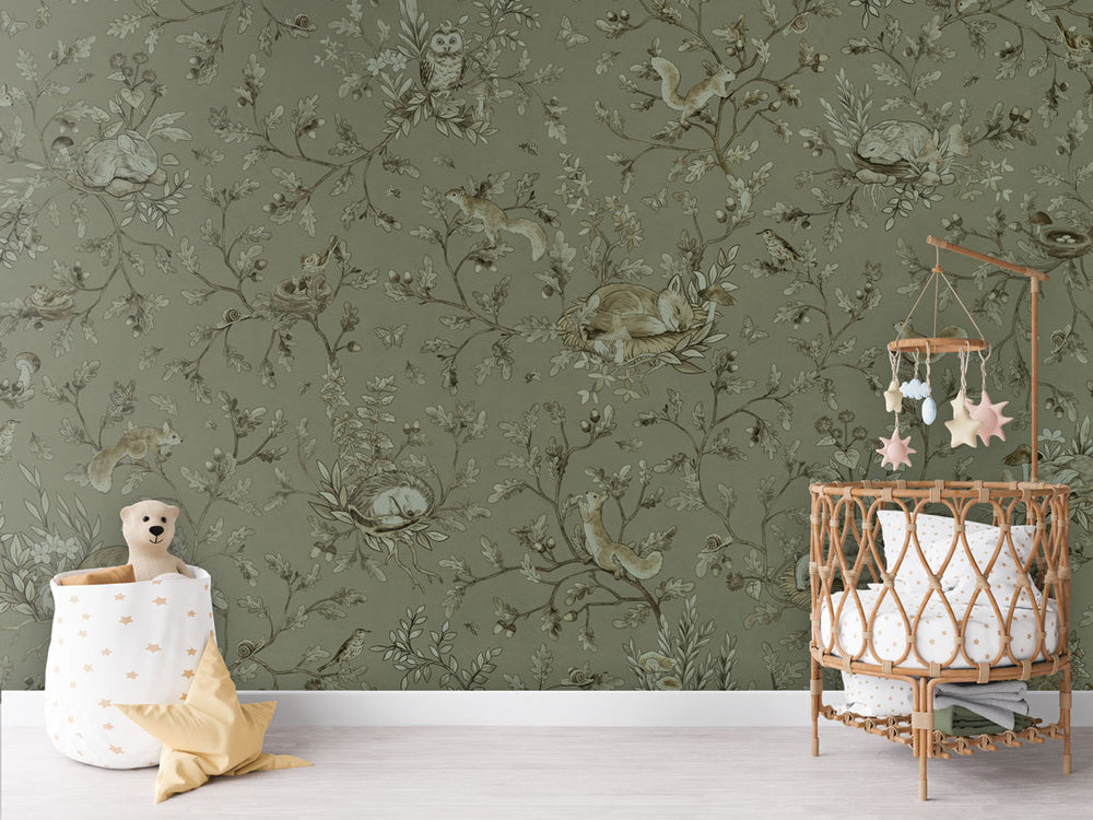 Mural Playful Woods Monochrome green – Kikki Belle – imagem 1