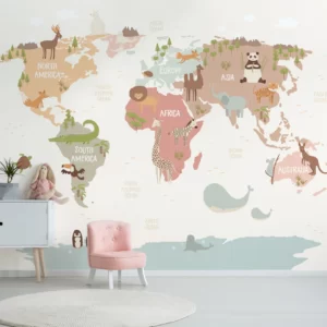 Mural Animals World Map Cream Wall