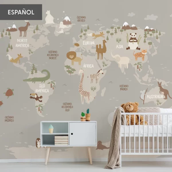 Mural Animals World Map Grey