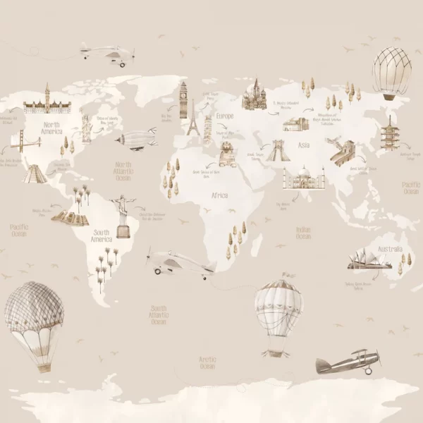Mural Landmarks World Map Cream