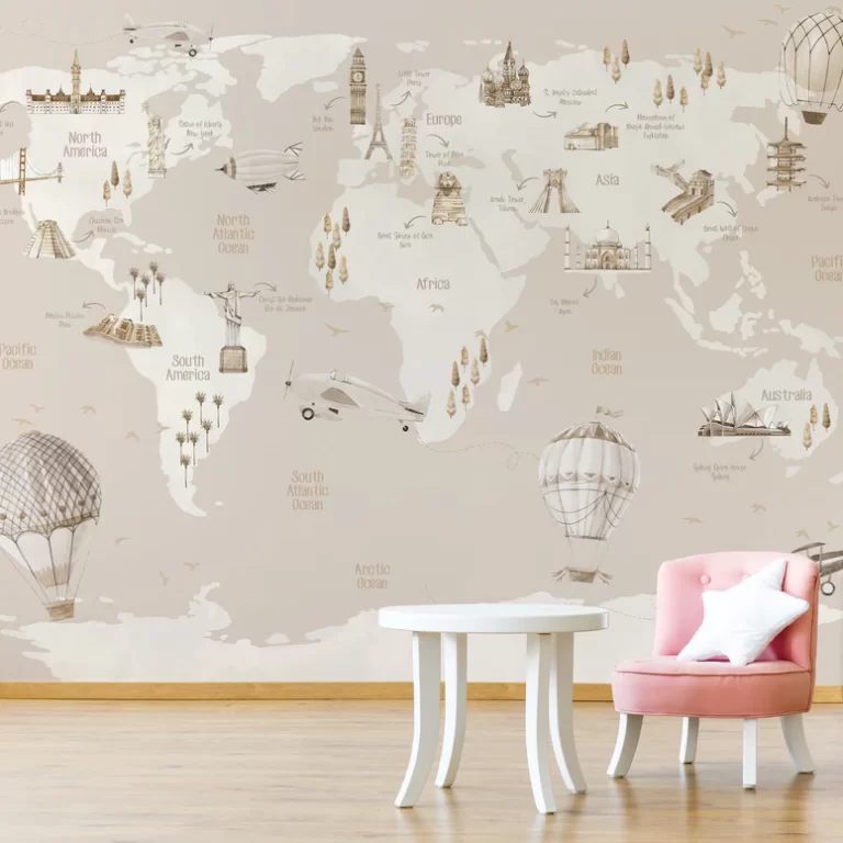 Mural Landmarks World Map Cream